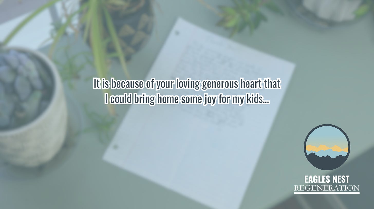 Caption that reads: “It is because of your loving generous heart that I could bring home some joy for my kids…”