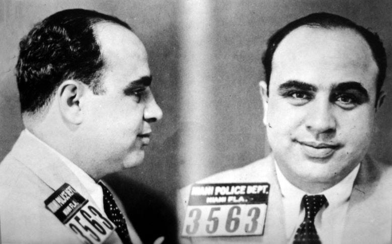 Mug shot of Al Capone after an arrest in 1930. Courtesy of HistoryMiami Museum.