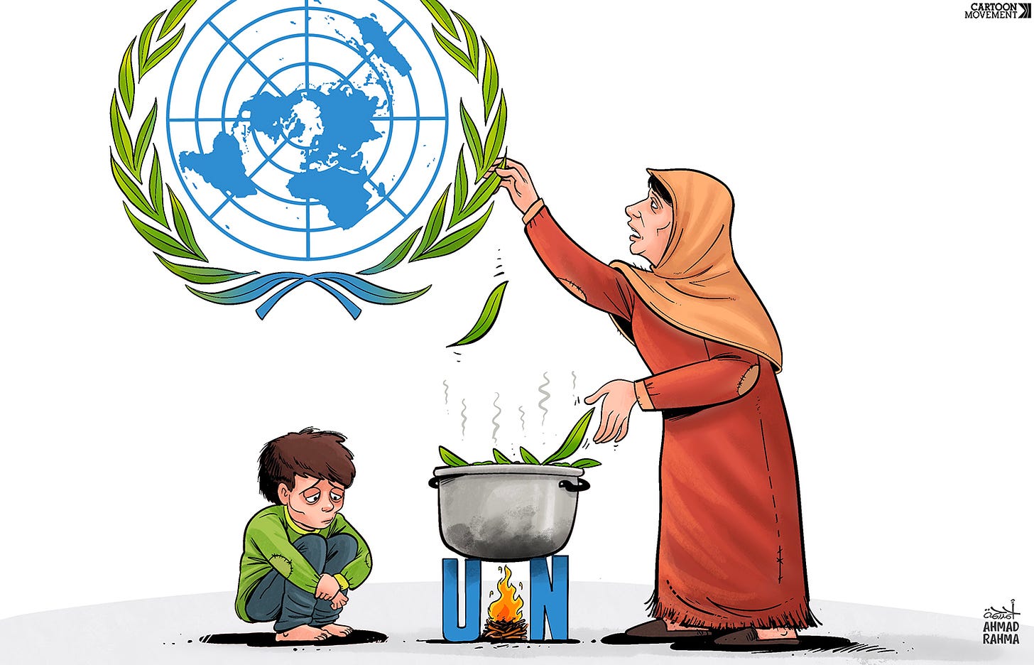 Cartoon showing a Gaza family cooking food. The food they are preparing are the leaves from the laurel wreath that surrounds the logo of the United Nations.