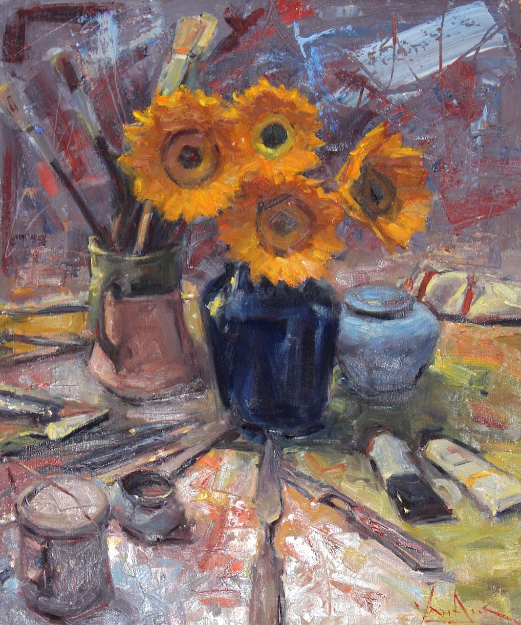 A painting of sunflowers in a blue vase

Description automatically generated