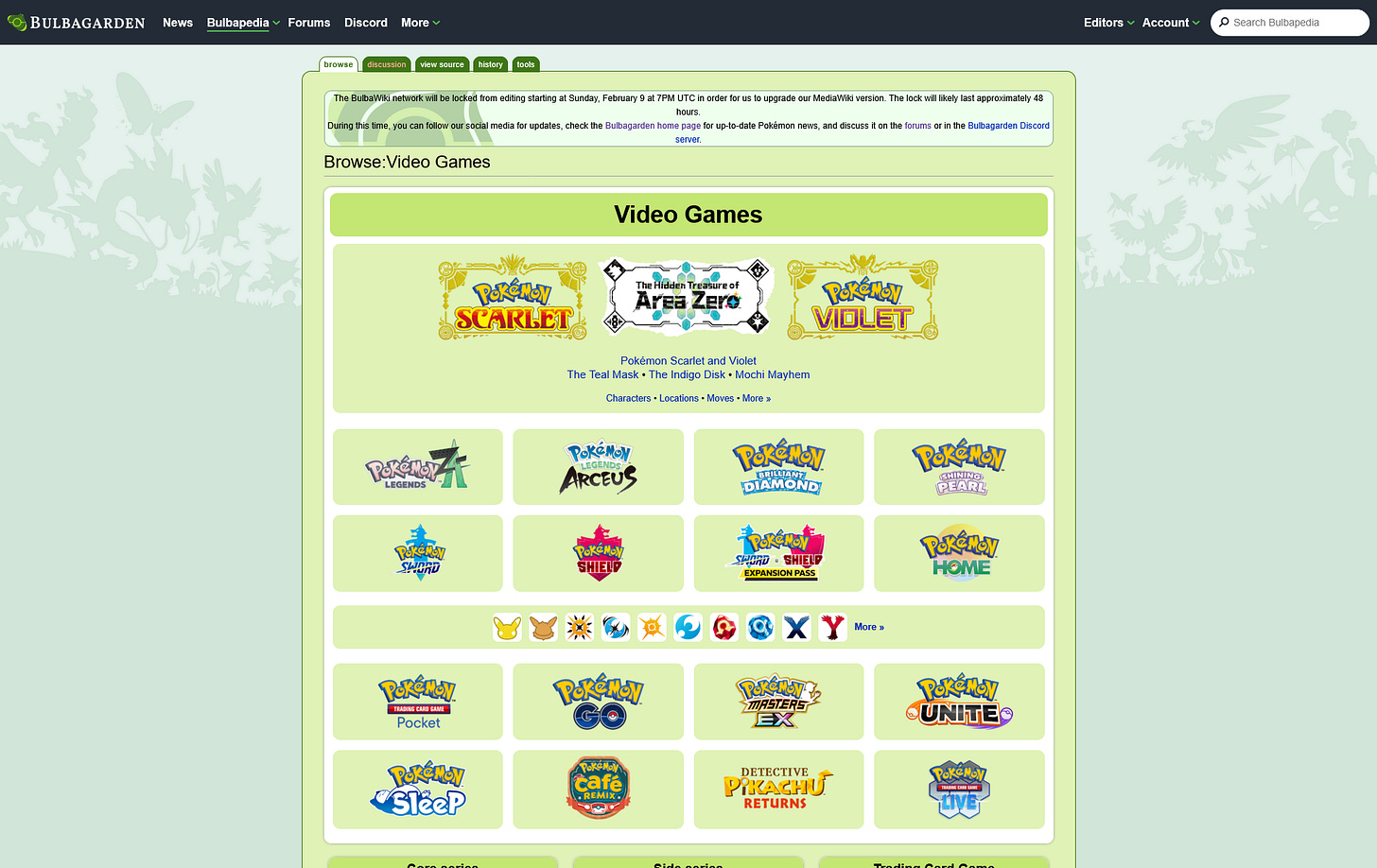 Bulbapedia’s Video Game Portal within Bulbapedia offers information on the Core Pokémon series, Spin-offs, Trading Card Game, and more (February 2025)