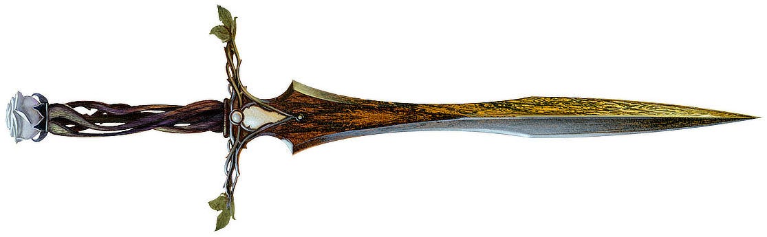 A dagger with wood grain blade, ornate crossguard ending in leaves, and a grip that looks like intertwined tree branches ending in a white rose.