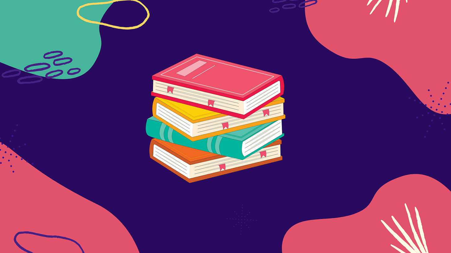 A colorful illustrated picture of a stack of books with shapes around it.