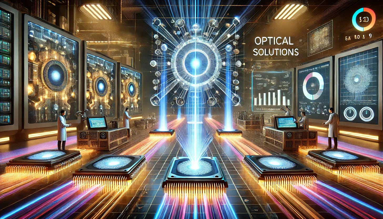 A 16:9 futuristic illustration showcasing optical solutions for AI chip communication. The scene features a network of glowing optical fibers connecting advanced AI chips, with beams of light transmitting data seamlessly. The AI chips are arranged in a grid, with holographic interfaces displaying data transfer rates and precision metrics. The background includes a high-tech laboratory setting with scientists and robotic arms monitoring the optical systems. The vibrant light trails and glowing circuits emphasize speed, efficiency, and innovation in AI communication.