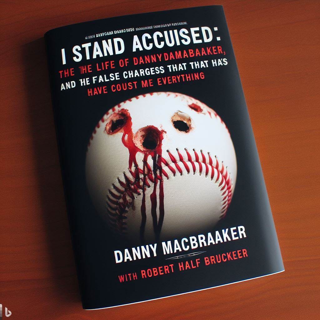 a book cover featuring a photograph of a baseball with three holes in it. Blood is dripping from the holes. The book is I Stand Accused: The Life of Danny MacBruBaker: And the False Charges That Have Cost Me Everything by Danny MacBruBaker with Robert Half Bruecker