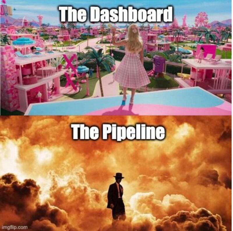 data engineering meme; dashboard vs pipeline; barbie vs openheimer