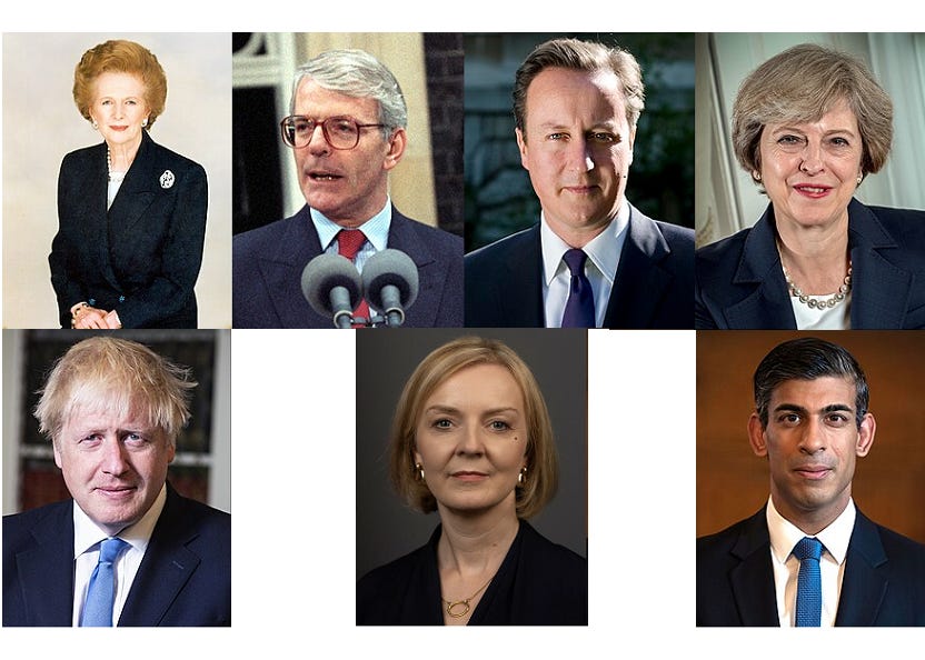 7 prime ministers in 13 years: portraits of Thatcher, Major, Cameron, May, Johnson, Truss & Sunak