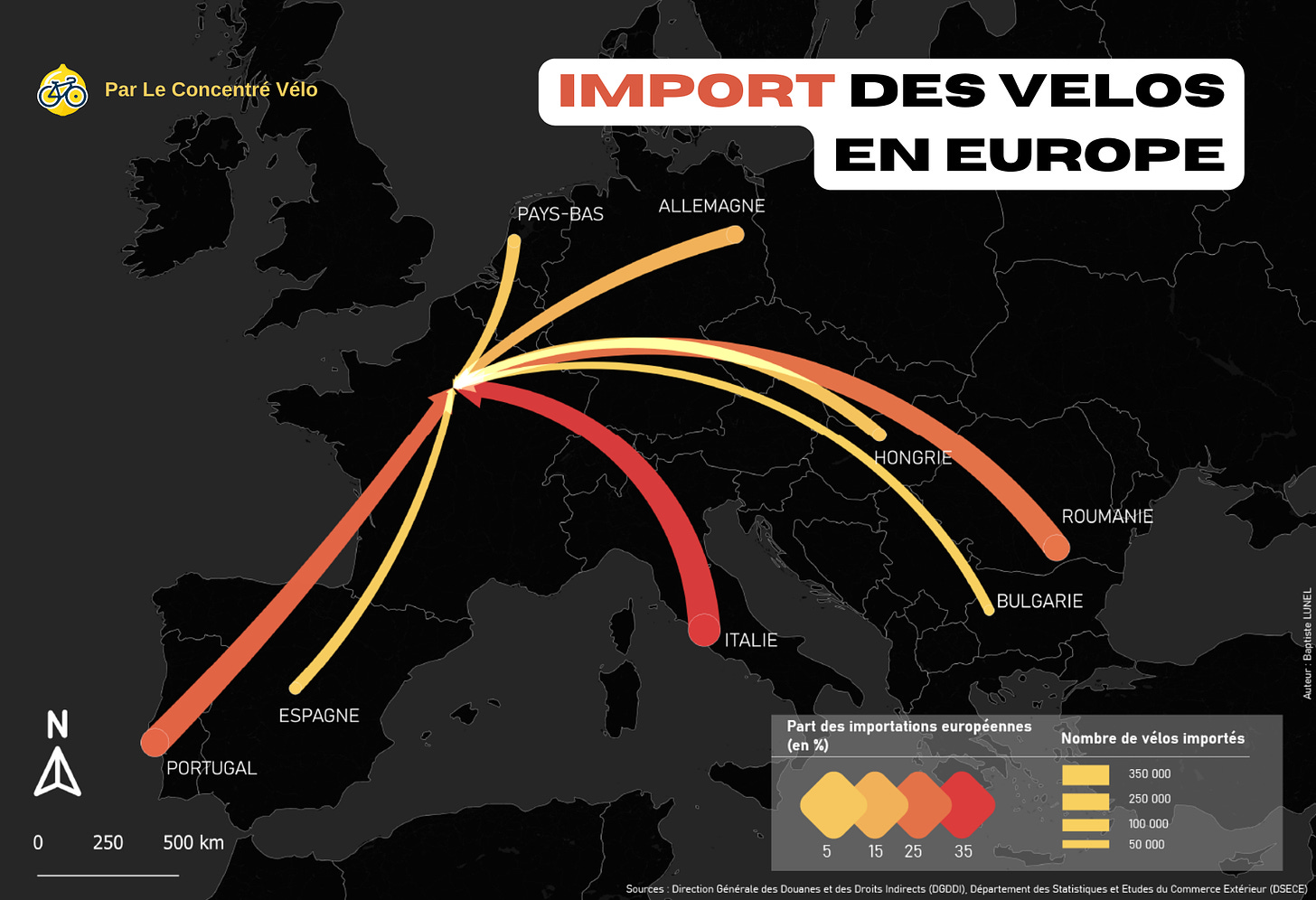 Carte d'europe des imports de velos