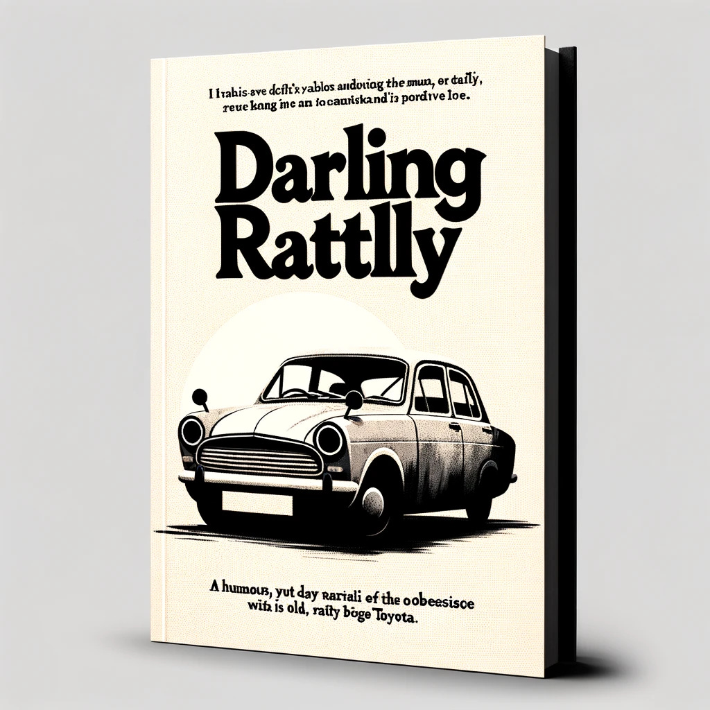 A modern and minimalist monochrome book cover for 'Darling Rattly'. The design captures the humorous yet dark narrative of a man's obsession with his old, rattly beige Toyota. It features a simple, abstract illustration of an old, stylized car that hints at its age and the wear-and-tear it has endured. The car is depicted with a sense of character, almost as if it's the man's true love, to emphasize the depth of his attachment. The background is sparse, using negative space to convey the isolation and loss the protagonist experiences as a result of his obsession. The title and author's name are presented in a contemporary, sans-serif font, maintaining the book's modern and minimalist aesthetic while hinting at the tale's blend of humor and darkness.