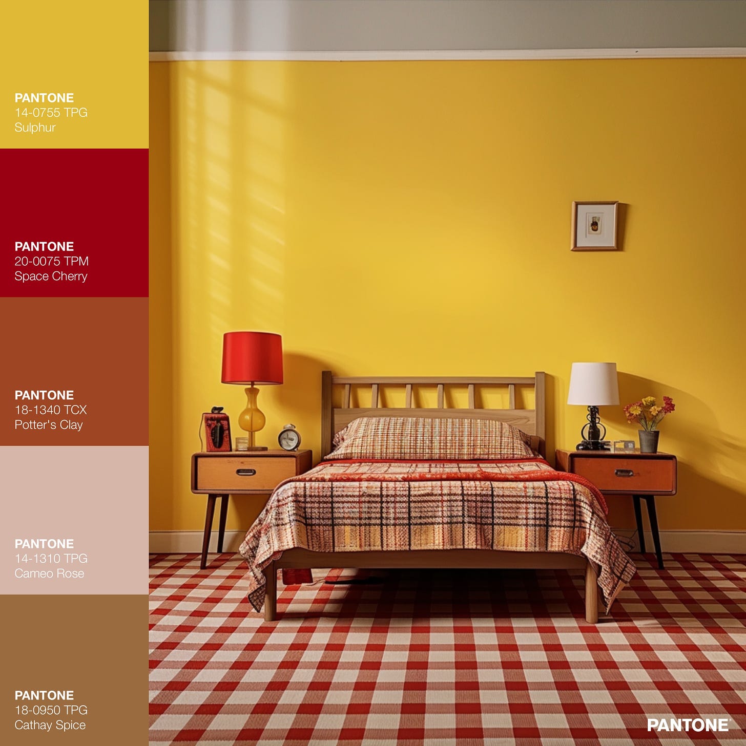 Bedroom with yellow wall, black gingham floor, and 70s retro vibe.