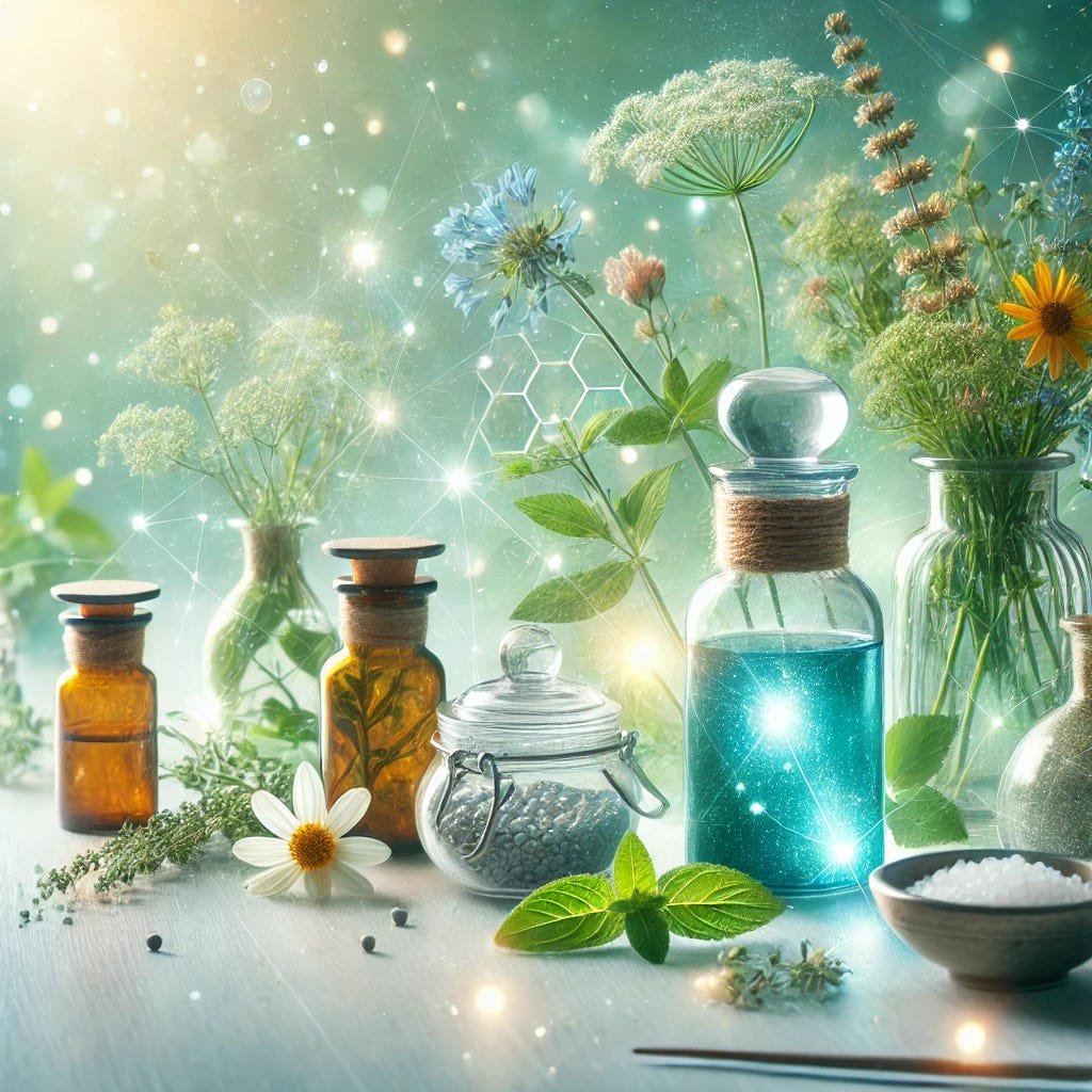 A visually appealing image representing homeopathy and alternative medicine. The image should feature natural elements such as herbs, flowers, and traditional medicine bottles. Include subtle references to energy, like glowing particles or light streaks, to signify the energetic aspect of homeopathic treatments. A serene and clean background, possibly with soft greens and blues, should enhance the natural and holistic theme.