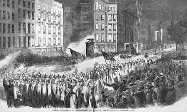 Grand procession of Wide-Awakes in New York on October 3rd 1860. Photograph: Library of Congress Prints and Photographs Division Washington, D.C. 20540