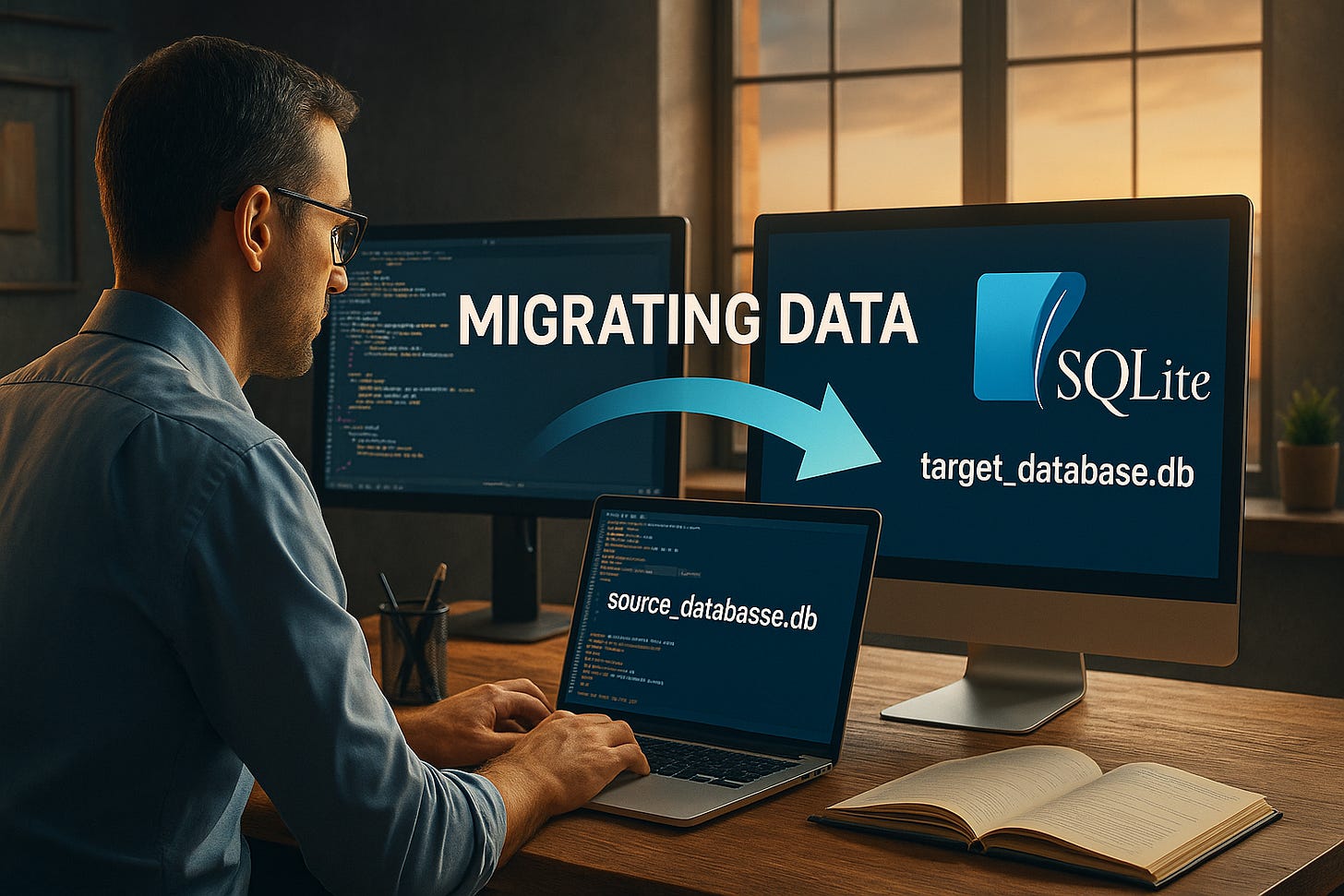 Professional developer working on database migration with SQLite, using code and technology for efficient data transfer. 