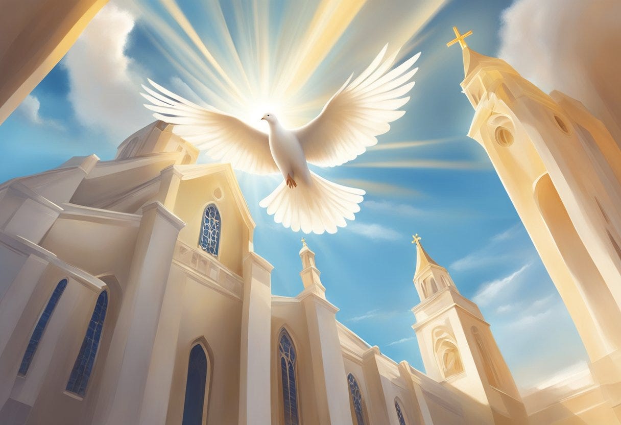 A dove descends into a radiant, sunlit church, surrounded by a gentle breeze. Rays of light illuminate the space, symbolizing the presence of the Holy Spirit