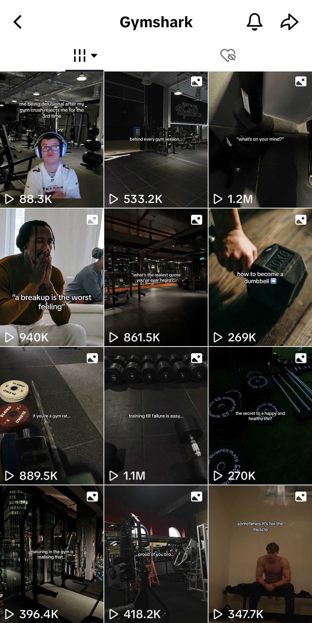 Screenshot of a mobile screen showing Gymshark's TikTok feed with almost every single post being a carousel