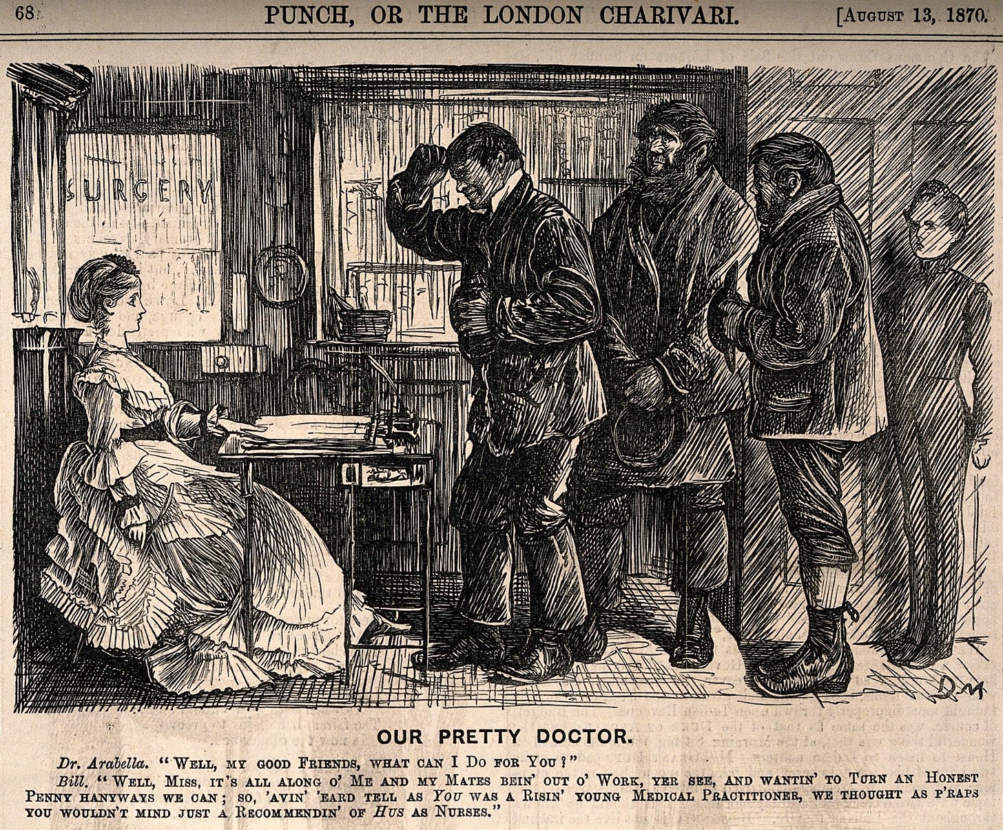 A Victorian illustration showing a young woman seated at a table. A group of men are visiting her. They politely explain that they are out of work and would like her to recommend them as nurses.