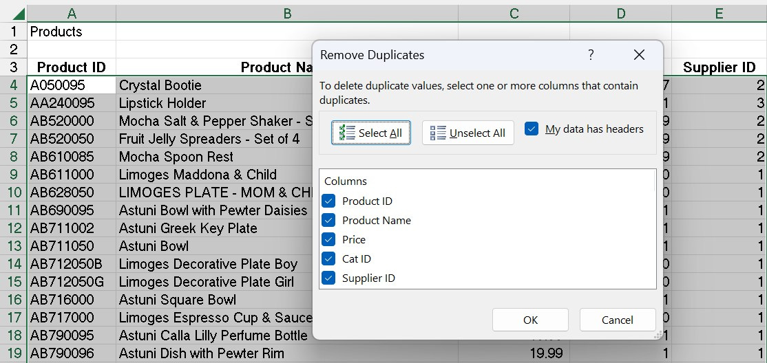 Remove Duplicates dialog box