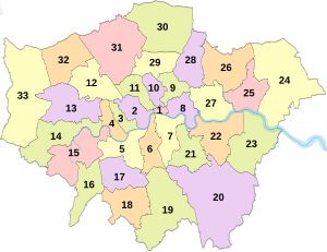 Numbered map of the boroughs of London