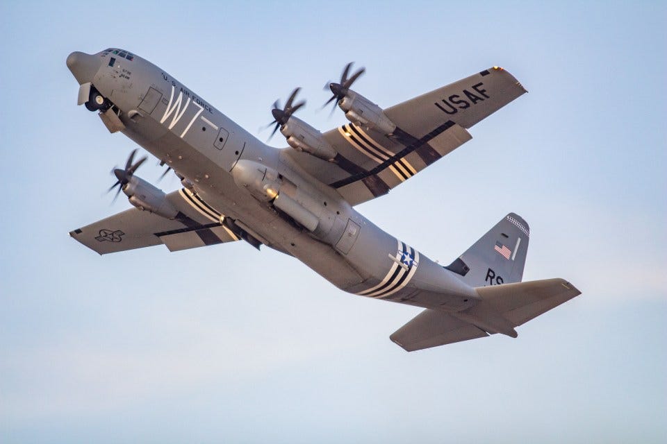 US Air Force C-130J Super Hercules aircraft in flight.