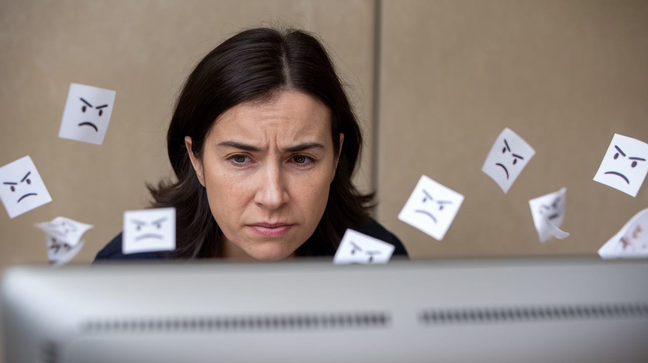 A woman looking at a website on a computer: the computer is throwing out small pieces of paper with angry faces on them