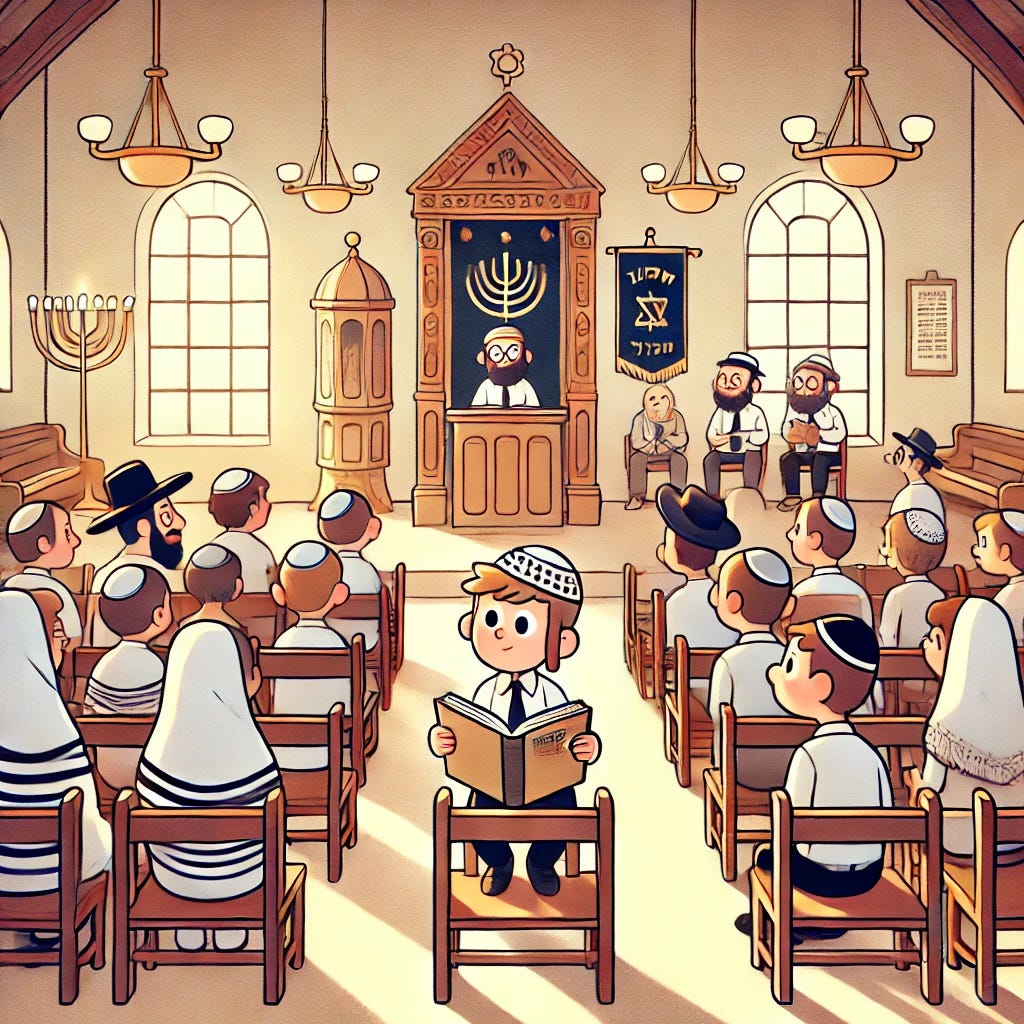 A cartoon illustration of a modest Jewish synagogue on Yom Kippur. The scene features simple wooden pews and plain walls, with cartoon characters dressed in white garments. One character is reading a novel in the crowd, while another, a woman, wears a quirky metal yarmulke. The sanctuary is softly lit, with small windows letting in natural light. In the background, a simple ark holds Torah scrolls, and a menorah stands nearby. The cartoon style adds a playful, colorful touch to the setting, capturing a lighthearted yet respectful atmosphere during this holy day.