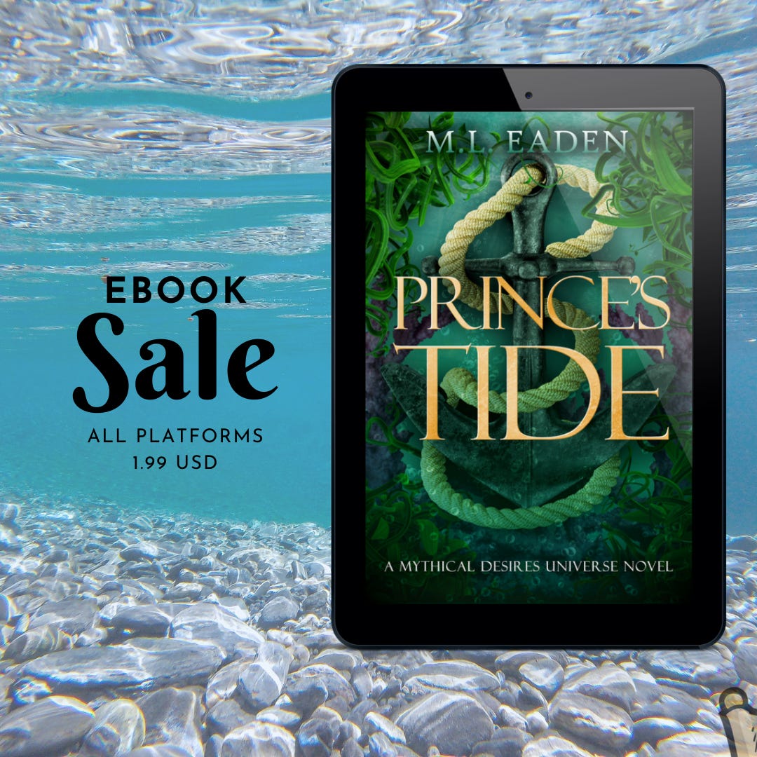 Cover of Prince's Tide ebook - background underwater ocean view with rocks. Text: Ebook Sale All Platforms 1.99 USD