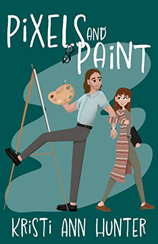 pixels and paint cover, a cartoon of a female girl with tablet linking arms with a male painter