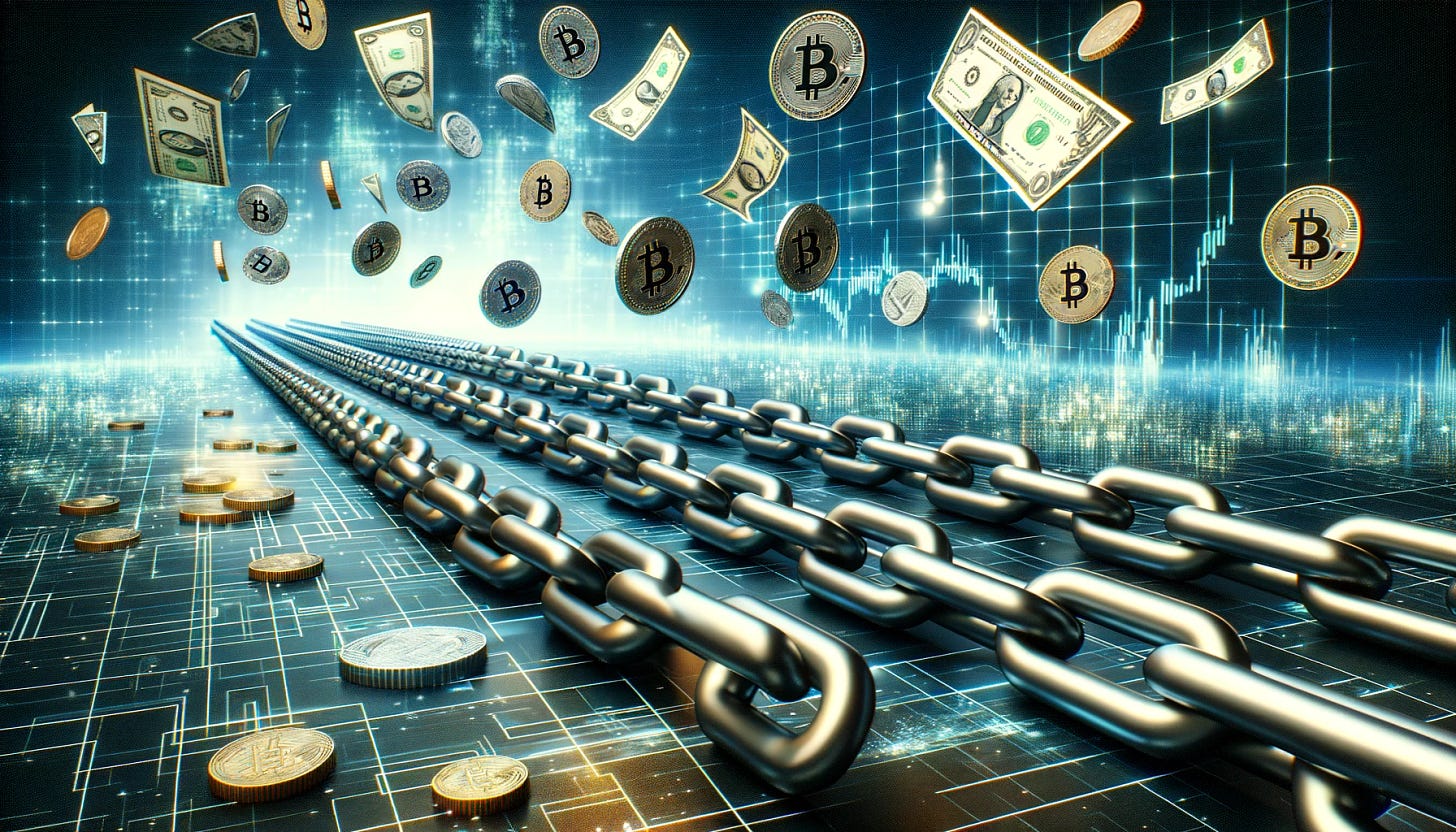 Visualize a long, literal blockchain stretching across a wide, digital landscape. This blockchain resembles an actual metallic chain, with each link representing a block in the chain. Floating above this chain are various forms of money - including digital currencies, coins, and banknotes - along with paper bonds, all suspended as if by an invisible force. The scene is set against a backdrop of a digital grid or cybernetic space, highlighting the fusion of traditional finance with futuristic technology. This image metaphorically captures the essence of blockchain technology's role in modern finance, symbolizing security, connectivity, and the transformation of traditional financial instruments like money and bonds into the digital age.