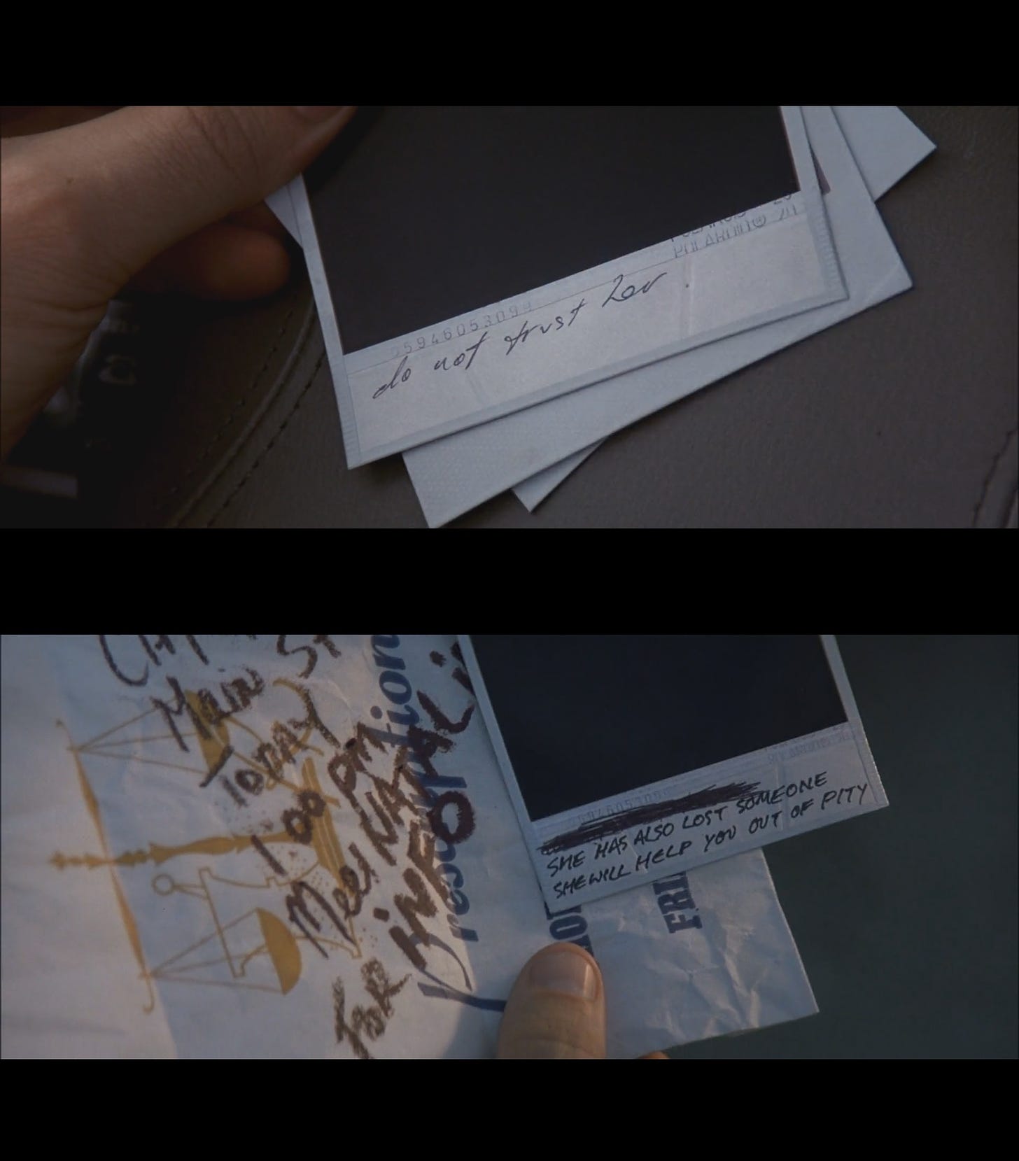 In 'Memento', Lenny tells us in the beginning that you learn to trust your  own hand writing. When Teddy pressurizes him to write something about  Natalie, he doesn't use his normal hand