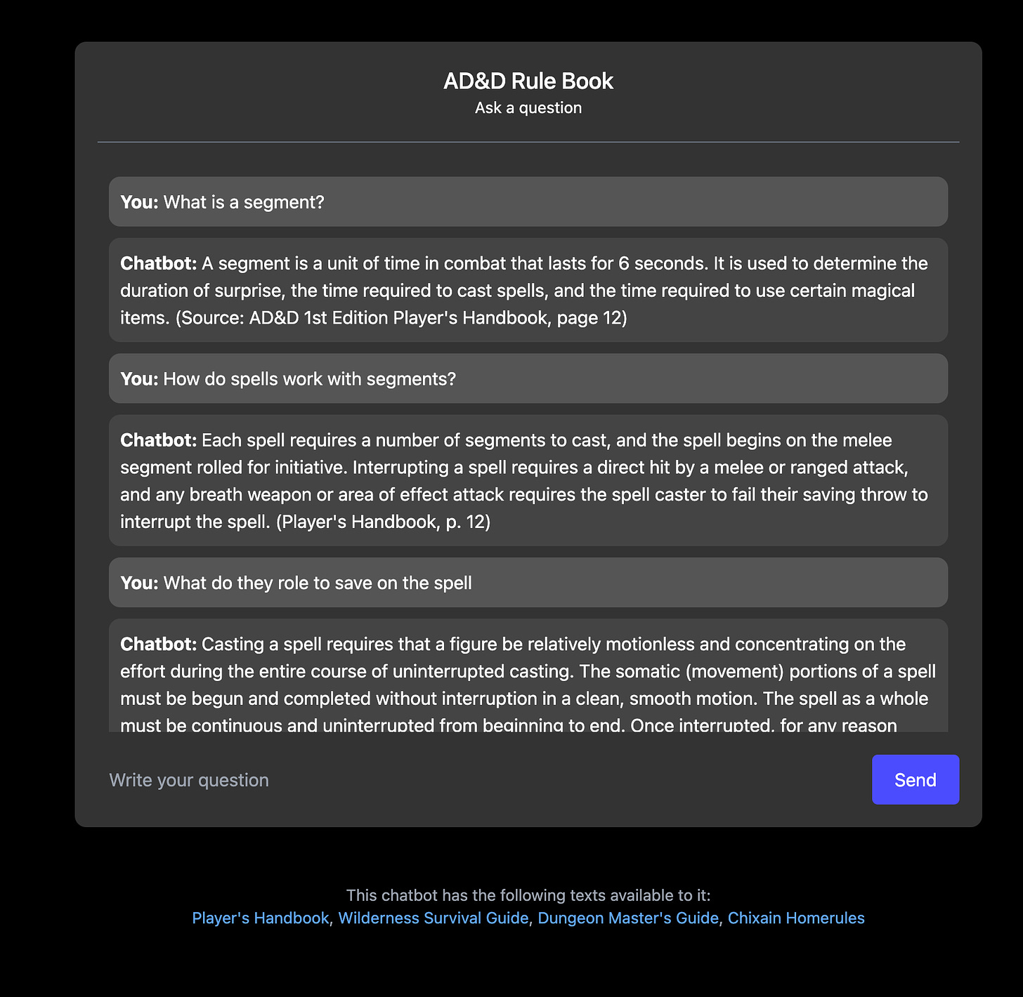 Screenshot from AD&D Rulebook chat application. This is discussing combat which is completely different than any other D&D game I’ve played. Super helpful to talk to an AI about it.