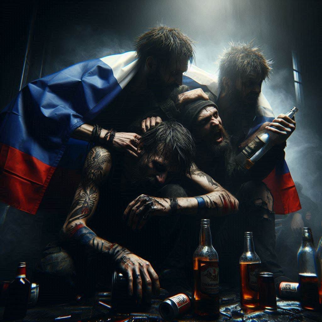 Russian flag dark gritty scene, disheveled individuals with bottles of alcohol, a chaotic brawl theft, hyperrealistic, very realistic, very very realistic, very highly detailed, very detailed faces, real world, HD Quality, 8k resolution, intricate details, incredibly detailed, crisp focus, cinematic light, digital art, depth of field, Canon EOS R camera with a 50mm f/1.8 lens, f/2.2 aperture, shutter speed