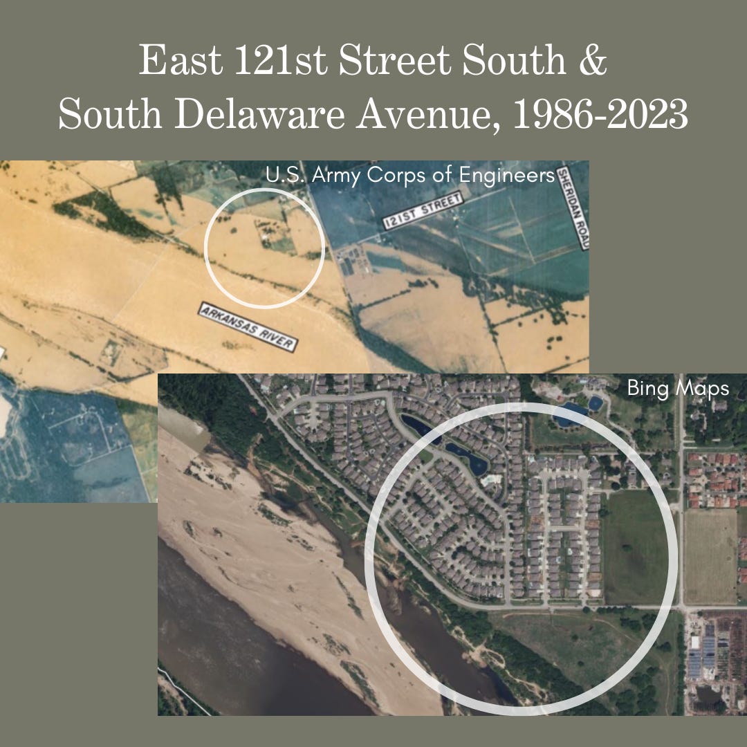 The infographic juxtaposes a vintage aerial photograph from the 1986 flood with present-day satellite imagery of the same location in South Tulsa. A circle on each image highlights an area flooded in 1986 that now contains residential development.