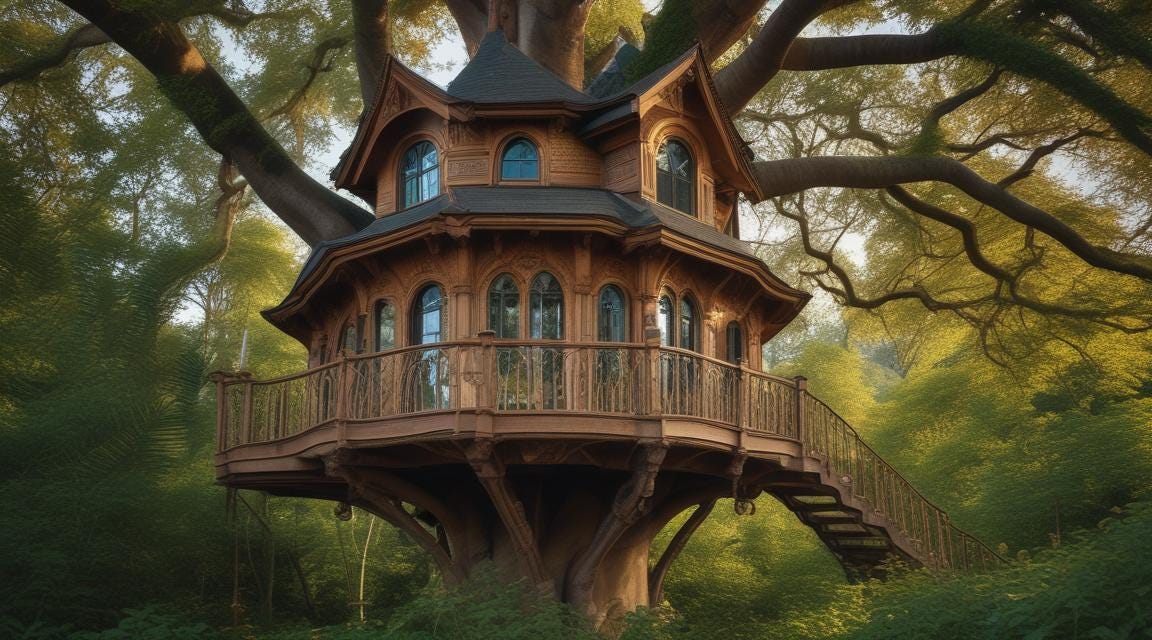AI-generated image of an ornate Victorian treehouse