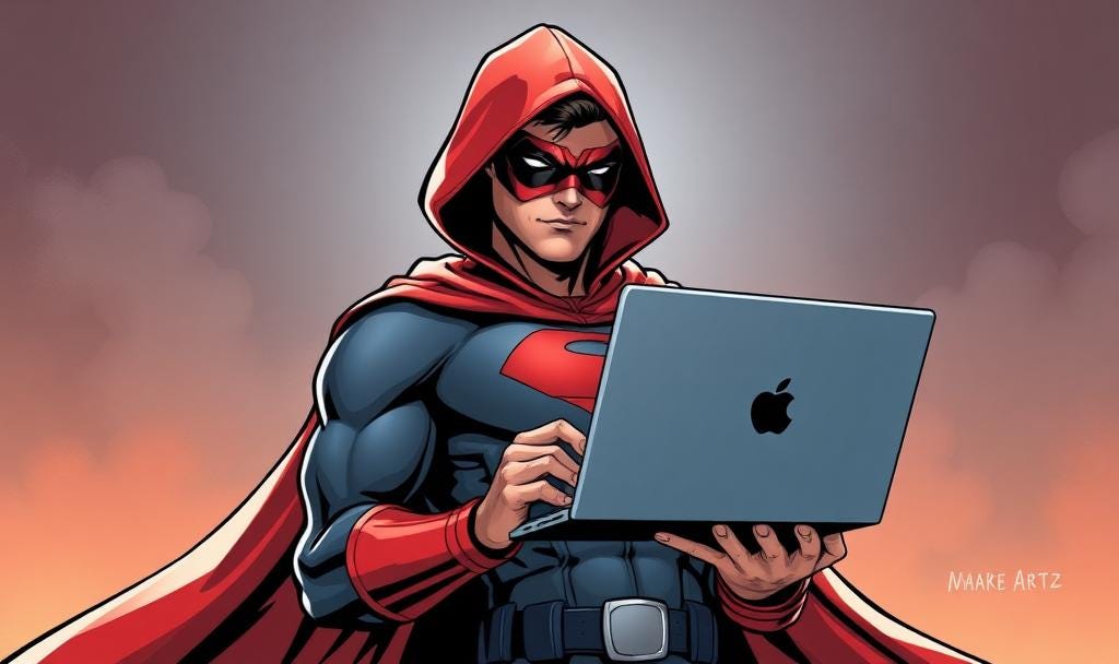 Superhero with laptop