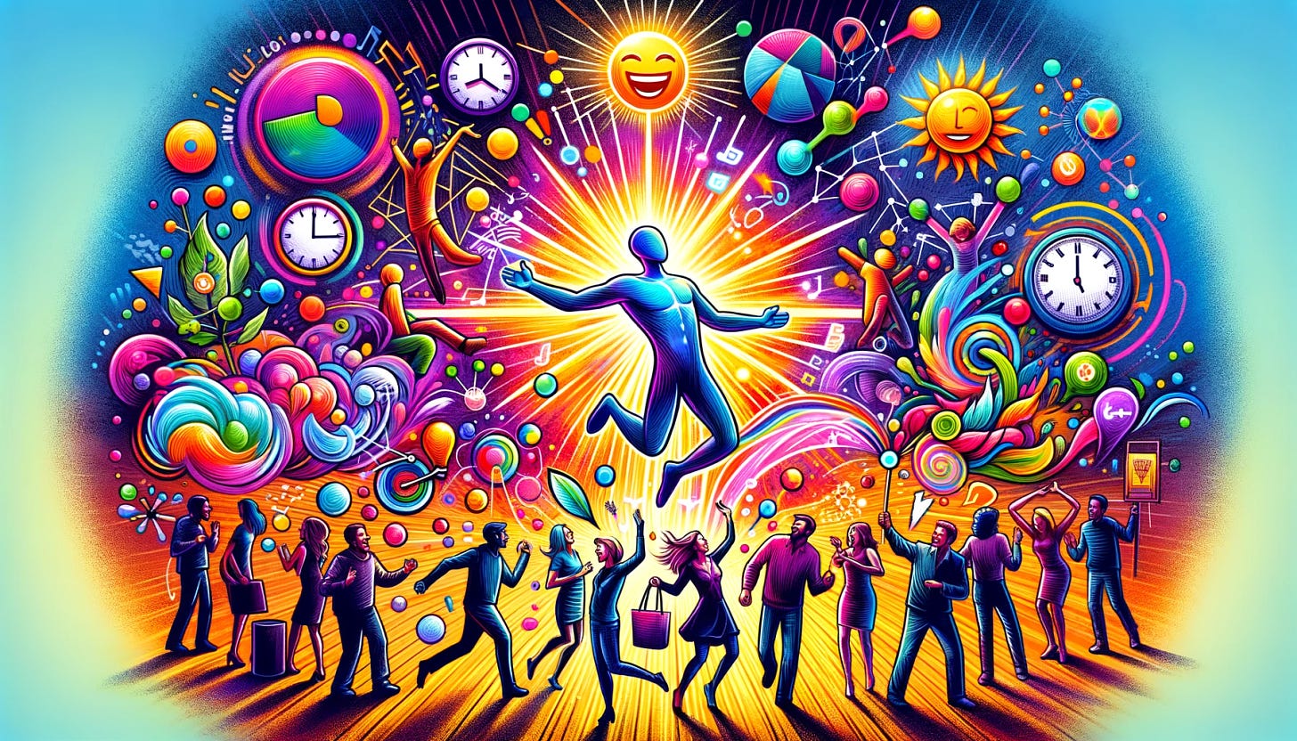 An energetic and colorful scene showcasing a dynamic figure at the center of a vibrant party, embodying the lively spirit of an extrovert with ADHD. The figure is depicted engaging with various groups of people, laughter and conversation bubbles around, illustrating the extrovert's social prowess and energy. Around them, symbols like a bright sun, a network of connected dots, and playful representations of time management tools (like clocks and colorful lists) float, signifying the extrovert's ability to shine, connect, and organize amidst their bustling world. This engaging and lively image captures the essence of navigating ADHD with an extroverted approach, encouraging viewers to explore the joys and strengths of their vibrant energy.