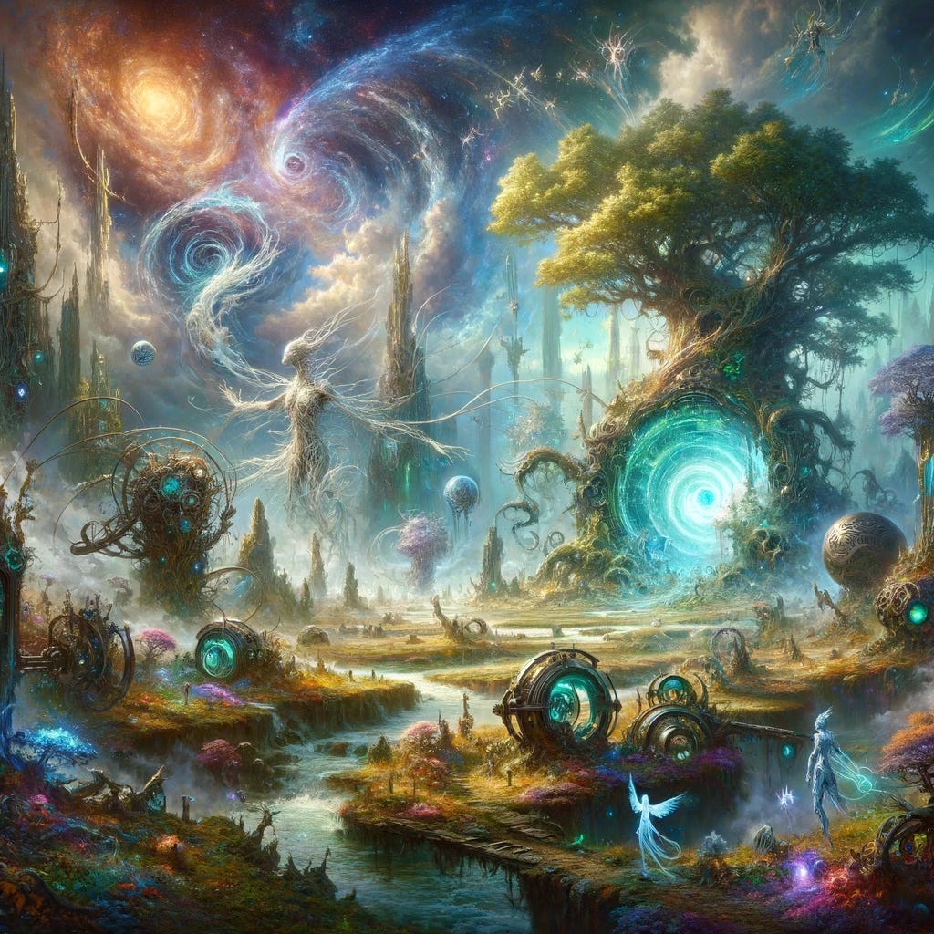 Create an image of a mystical and technologically advanced landscape where the natural beauty of an ancient forest with towering trees and vibrant, magical flora merges with the swirling, chaotic energies of another dimension. In the foreground, a portal teeming with chaotic energy opens, blending two realms. Scattered across the landscape are arcane devices, remnants of ancient civilizations or alien technology, partially overgrown by enchanted vegetation. Ethereal figures roam this landscape, some embodying the elegant, whimsical traits of fey creatures, while others possess twisted, malevolent features. The sky above swirls with a mixture of natural beauty and chaotic energy, illuminated by aurora-like lights that hint at the presence of both magical and otherworldly forces. The overall atmosphere should capture the fusion of Pathfinder's First World and Warhammer's Warp, showcasing a unique blend of nature, technology, and arcane chaos.