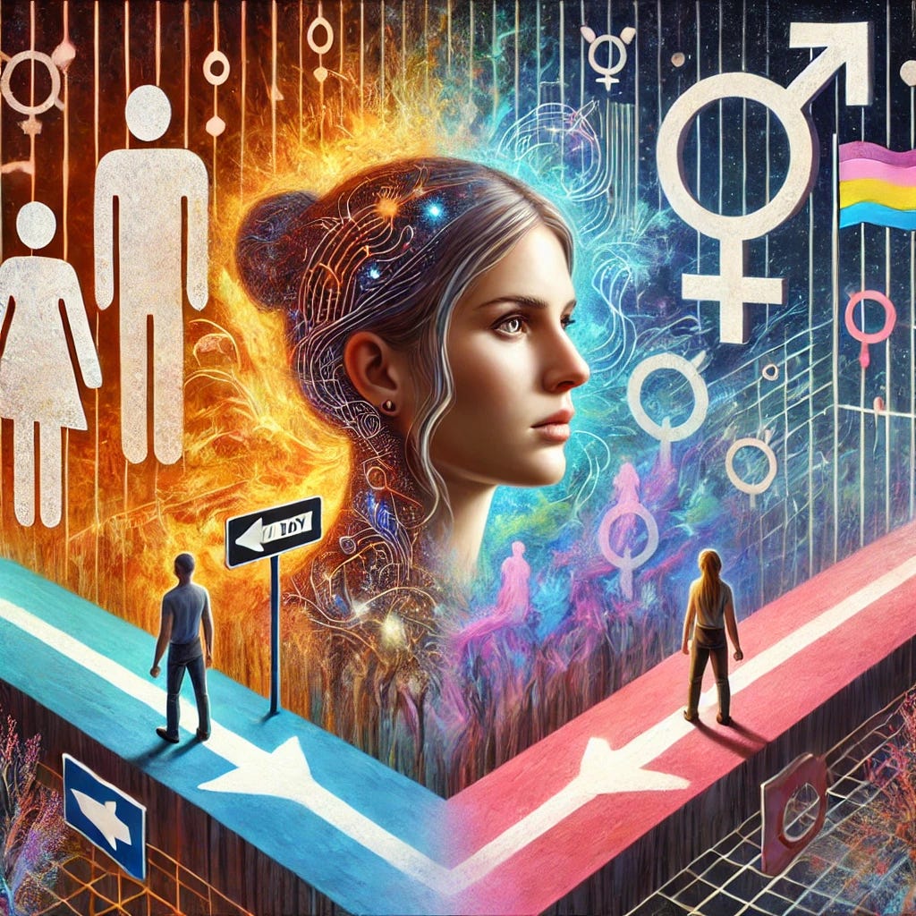 A conceptual and thought-provoking artwork of a woman experiencing a moral and emotional dilemma, attempting to harbor resentment toward men but realizing it conflicts with her principles about inclusivity and trans women. The scene is layered with symbolism: the woman stands at the intersection of diverging paths, one labeled 'Resentment' and the other 'Unity,' with abstract representations of men and trans women blending into the background. Her facial expression reflects inner turmoil and empathy, framed by a modern, surrealistic setting with subtle LGBTQ+ symbols and a vibrant, colorful aura surrounding her. The overall tone is introspective and inclusive.