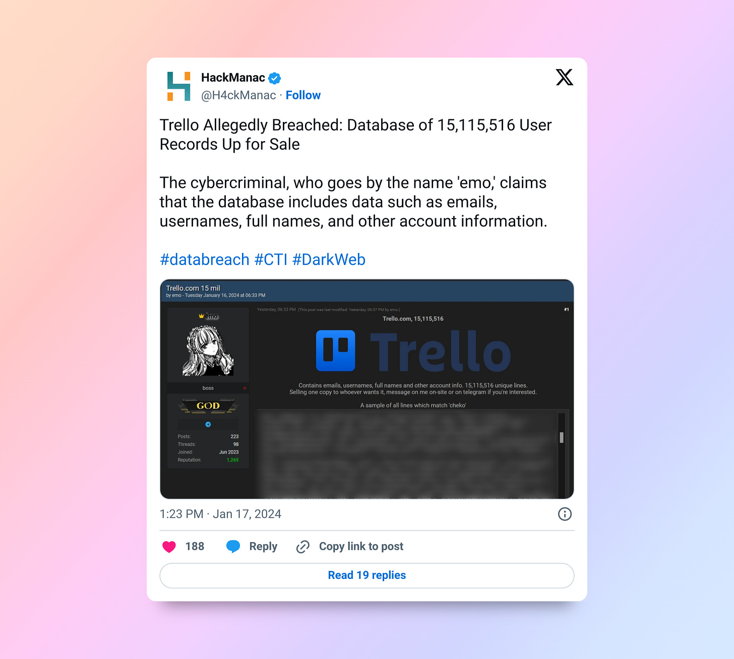 A tweet about the Trello breach; data was scraped from Trello and posted for sale on a popular hacking forum.