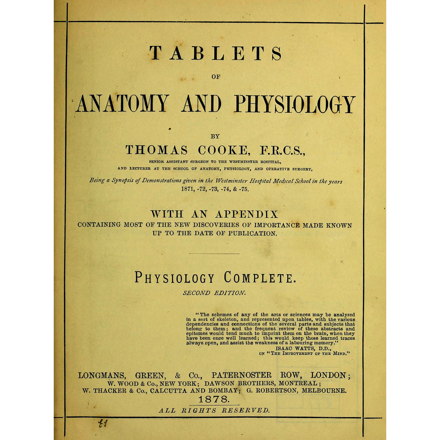 The image shows a title page for an 1878 book called 'Tablets of Anatomy and Physiology' by Thomas Cooke FRCS