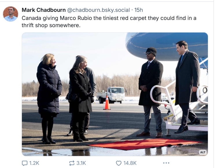 BlueSky skeet by Mark Chadbourn: Canada giving Marco Rubio the tiniest red carpet they could find in a thrift shop somewhere. Pic shows ... yup that's tiny. 