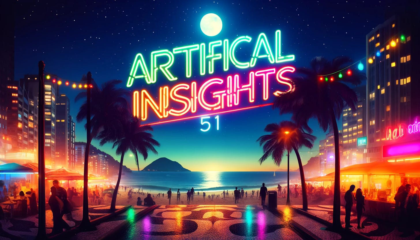 Create a horizontal image featuring the text 'artificial insights' and the number '51' with a Copacabana beach theme at night. The scene includes the iconic mosaic promenade, palm trees silhouetted against the moonlight, and colorful beach lights reflecting on the water. The text 'artificial insights' is prominently displayed in neon-like colors, while the number '51' is glowing in a contrasting hue. The night sky is starry, and the beach is bustling with people and ambient lighting.