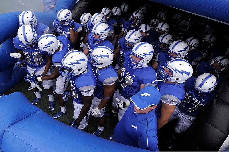 File:The U.S. Air Force Academy football team prepares to take the field prior to the start of their opening football game against the Idaho State Bengals at Falcon Stadium in Colorado Springs, Colo., Sept 120901-F-ZJ145-509.jpg