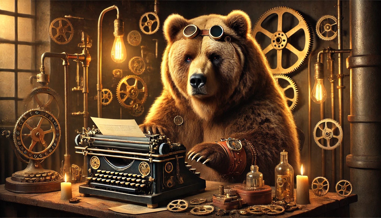 A majestic Kodiak bear sitting at a vintage steampunk typewriter, surrounded by gears, pipes, and glowing brass machinery. The bear has an intense, thoughtful expression as it types, with a mix of natural fur and subtle steampunk accessories like a small monocle or a leather-bound wrist device. The scene is dimly lit with warm, golden lighting, emphasizing the intricate metalwork and mechanical elements around the bear. The atmosphere is a fusion of Victorian-era steampunk and a cozy writer's den.