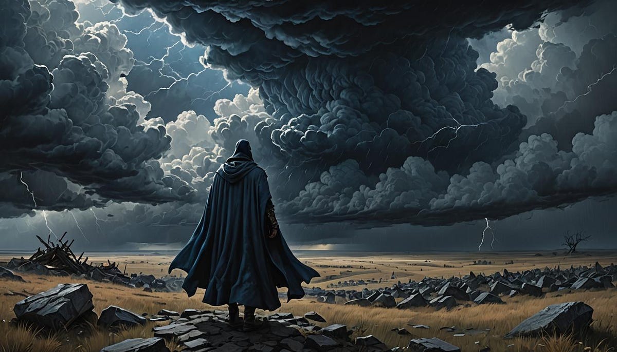 Cloaked figure looking at storm clouds