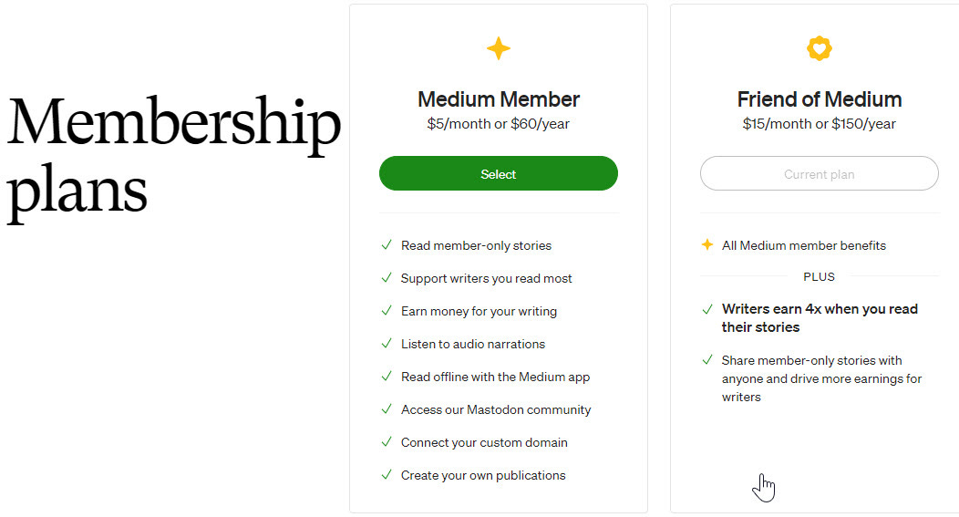 image of the available membership plans in order to join Medium Partner Program 