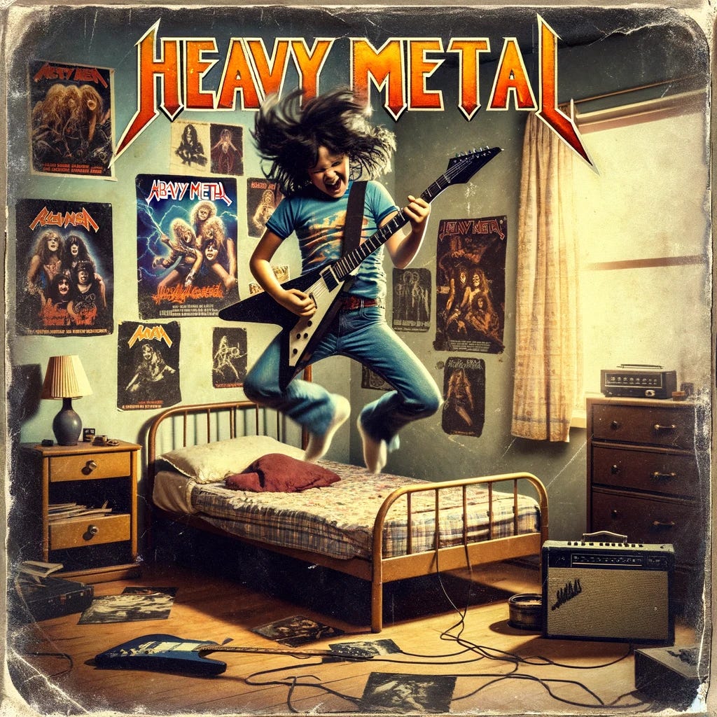 Vintage heavy metal album cover featuring a white kid from the 80s with medium length black hair, playing air guitar and jumping on his bed. The room is adorned with heavy metal posters, capturing the essence of 80s heavy metal culture. The image is distressed to give it an authentic, well-worn look, like a classic metal album cover that's been treasured for decades. The album cover embodies the spirit of a young metal fan lost in the music, with vibrant colors and iconic heavy metal imagery, and has a title in bold, metallic letters at the top.