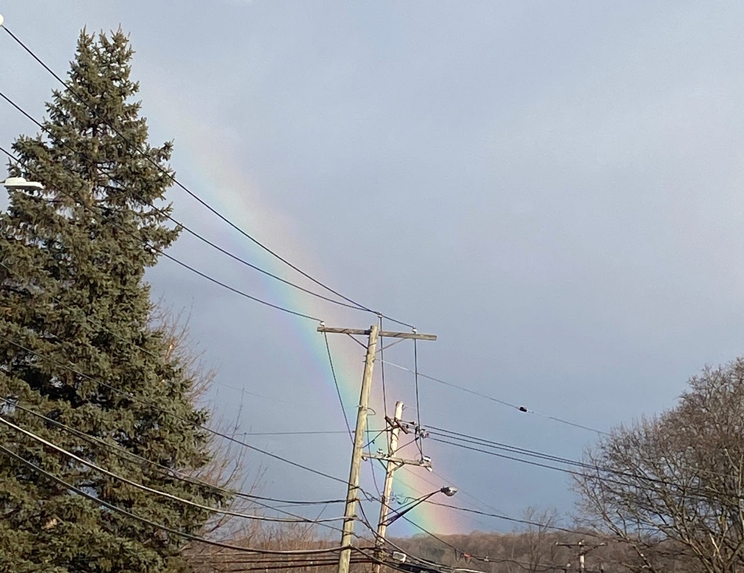 a rainbow across a grey sky