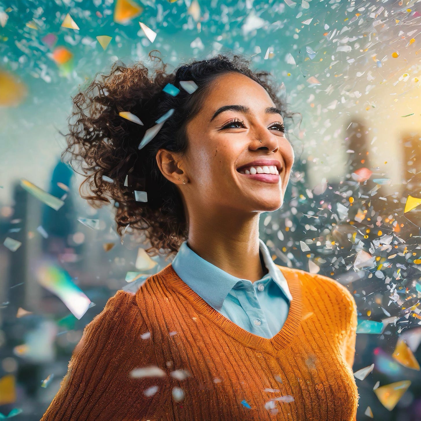 A confident woman wearing an orange sweater stands against a city skyline background with dynamic shards of glass resembling confetti surrounding her. She is smiling brightly, symbolizing empowerment, triumph, and breaking barriers.