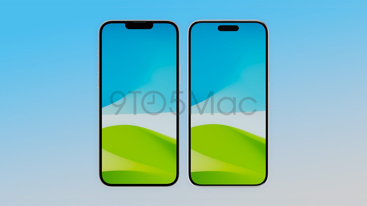 Comparison of the iPhone 14 Plus, showing skinnier bezels and Dynamic Island on the iPhone 15 Plus (right) versus the 14 Plus (left)