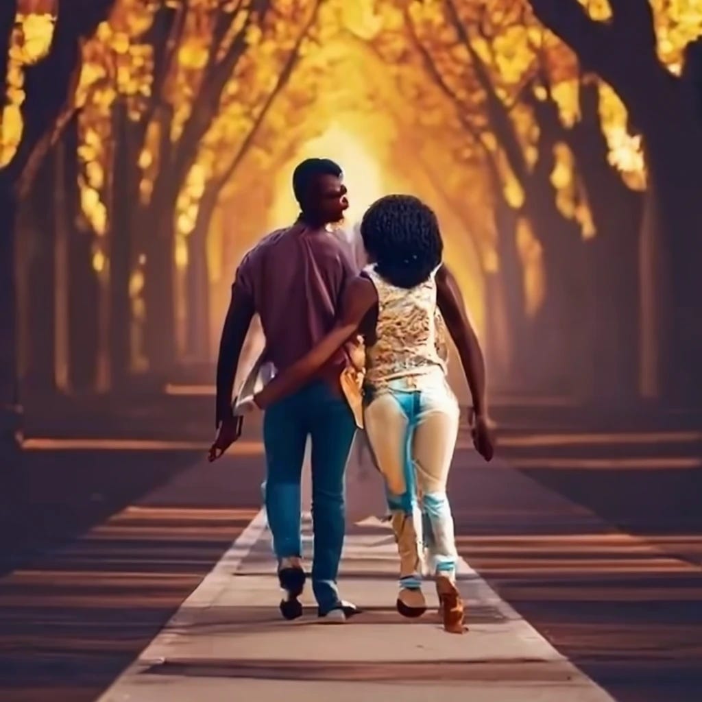 black couple smiling as they hold hands walking down a sidewalk with trees